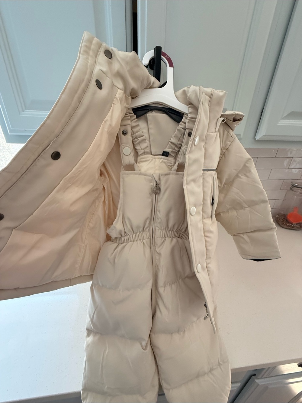 Kids Cream Puffer Jacket with Matching Snow Bib
